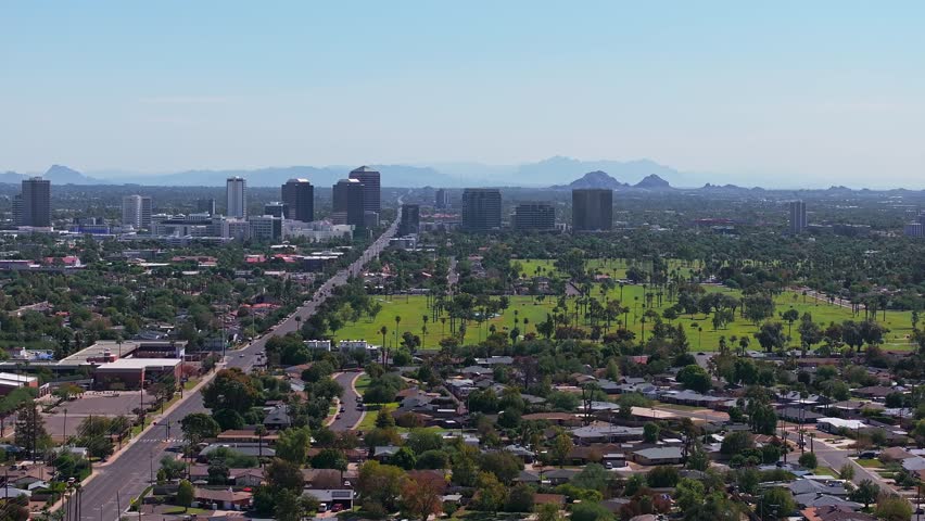 Phoenix city downtown skyline cityscape of Arizona in USA. Top view of downtown Phoenix Arizona on a summer day in USA.