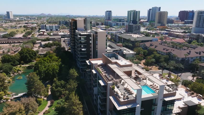 Phoenix city downtown skyline cityscape of Arizona in USA. Top view of downtown Phoenix Arizona on a summer day in USA.
