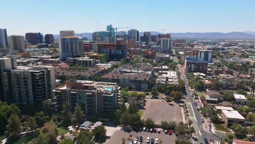 Phoenix city downtown skyline cityscape of Arizona in USA. Top view of downtown Phoenix Arizona on a summer day in USA.