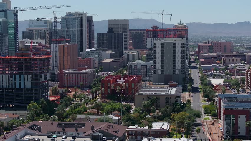 Phoenix city downtown skyline cityscape of Arizona in USA. Top view of downtown Phoenix Arizona on a summer day in USA.