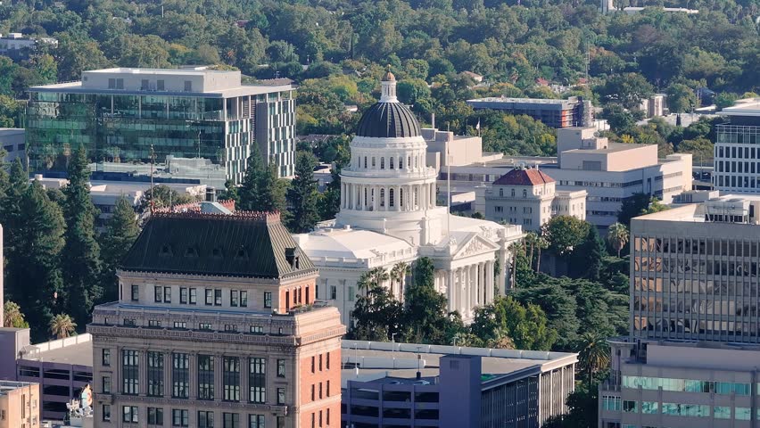 Aerial view of the California State Capitol Building, Downtown Sacramento, CA, USA.