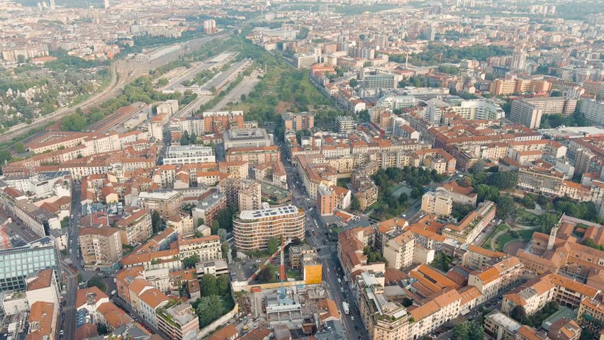 Milan, Italy. Industrial and residential areas. Access railway tracks to Milano Porta Garibaldi Train Station, Aerial View