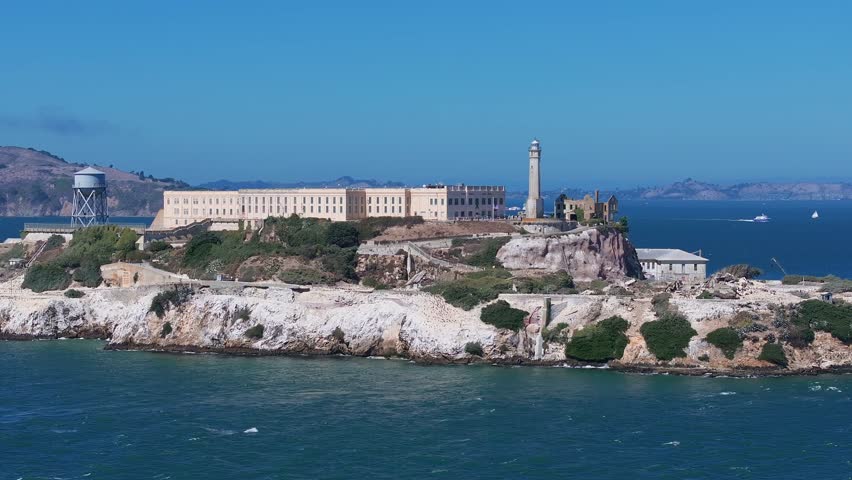 Aerial view of Alcatraz island in the San Francisco Bay. Close up view of the classical prison of Alcatraz, USA. 