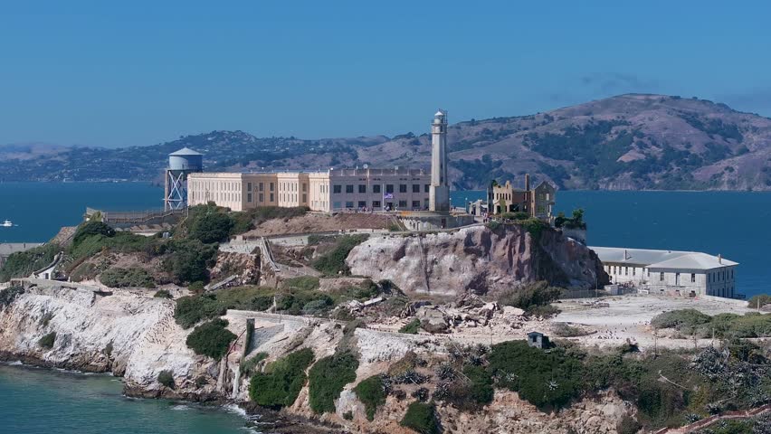 Aerial view of Alcatraz island in the San Francisco Bay. Close up view of the classical prison of Alcatraz, USA. 