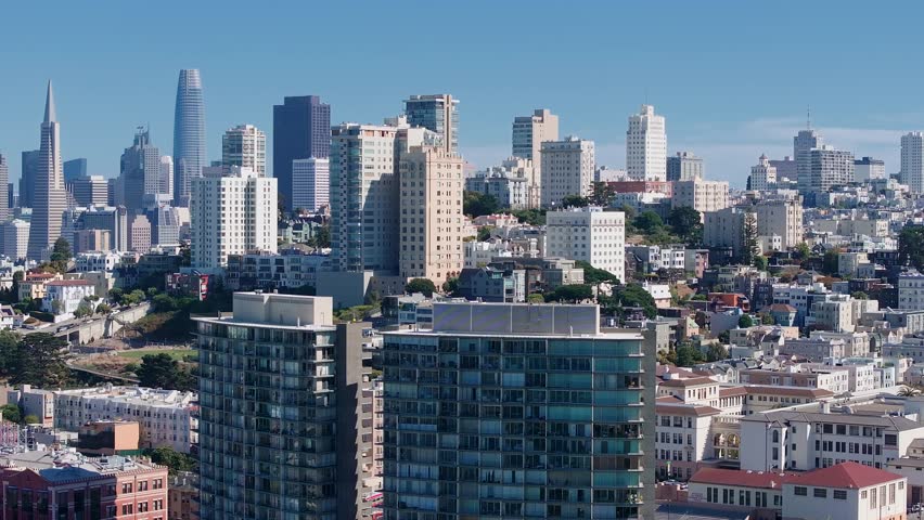 Aerial view of San Francisco down town in the USA. Skyscrapers of San Francisco on a sunny day. View from above.