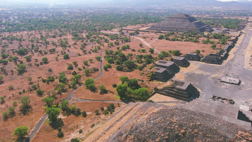 Teotihuacan, Mexico: Aerial view of Pyramid of the Moon (Pirámide de la Luna) and  Pyramid of the Sun (Pirámide del Sol) - landscape panorama of Latin America from above