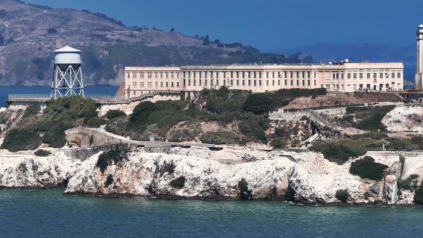 Aerial view of Alcatraz island in the San Francisco Bay. Close up view of the classical prison of Alcatraz, USA. 