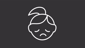 Animated sad girl white icon. Emotional distress white line animation. Unhappiness. Experiencing feeling of sadness. Black illustration on white background. HD video with alpha channel. Motion graphic
