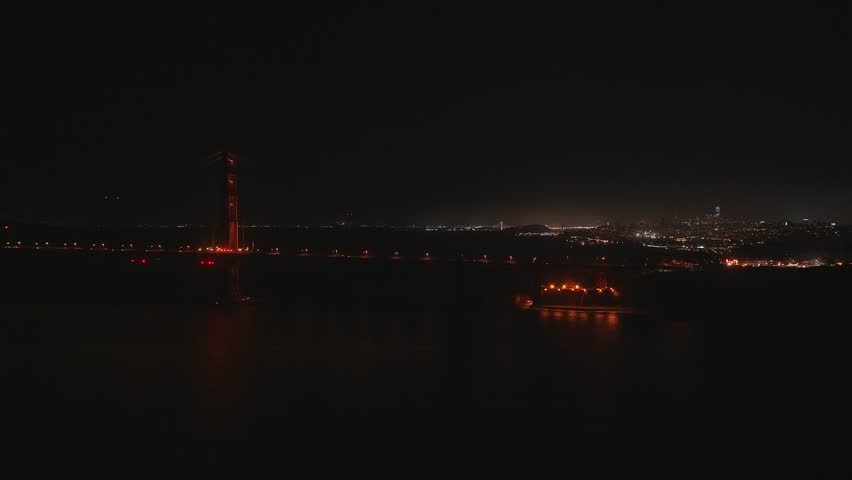 Aerial night view of the Golden Gate bridge in San Francisco, USA.