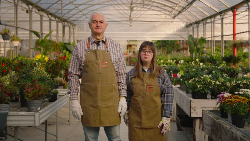 Portrait of a man and a girl with down syndrome in a greenhouse.
Colleagues smile while looking at the camera, in the background the flower shop Royalty-Free Stock Footage #3394359655