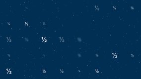 Template animation of evenly spaced half fraction symbols of different sizes and opacity. Animation of transparency and size. Seamless looped 4k animation on dark blue background with stars