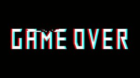 Game over phrase sign glitch effect anaglyph looped animation black background chromakey end of the game display