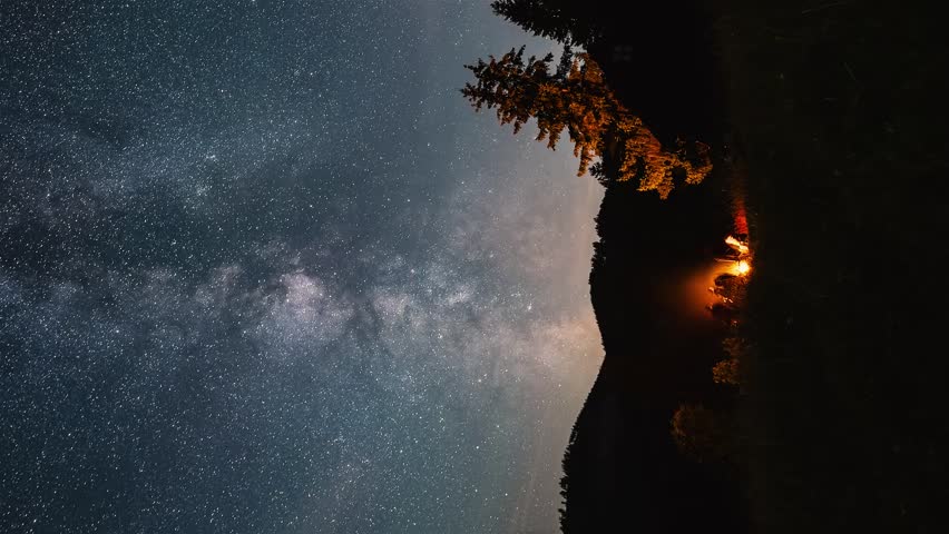 Vertical video of Friends sitting by campfire under starry night sky with milky way galaxy stars over forest nature Time lapse Outdoor adventure social media story