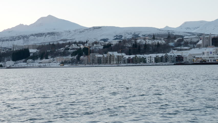 Akureyri, Northern Iceland from the sea in winter