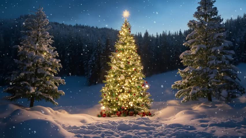 Christmas tree in the middle of forest in snowy winter. Christmas forest. Snowfall. Loop 4K. Winter landscape with Christmas tree. Christmas winter background. Snowfall outside. Desktop wallpaper Royalty-Free Stock Footage #3394536769