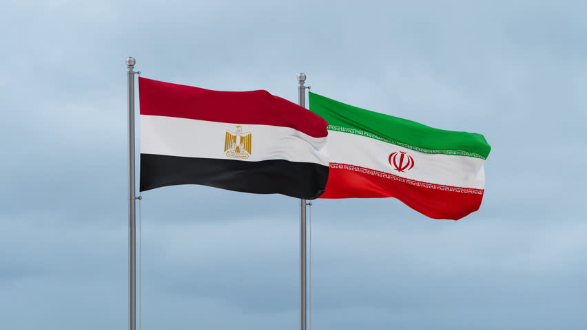 Iran flag and Egypt flag waving together on blue sky, looped video
