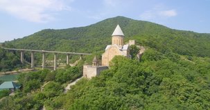 aerial video panorama of Ananuri fortress and  Zhinvali reservoir