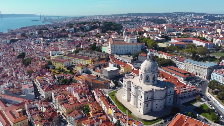 Aerial view of Lisbon city center. Drone forward. View of National Pantheon and Igreja de São Vicente de Fora. Rooftops of Lisbon. Famous European travel destination and capital of Portugal.