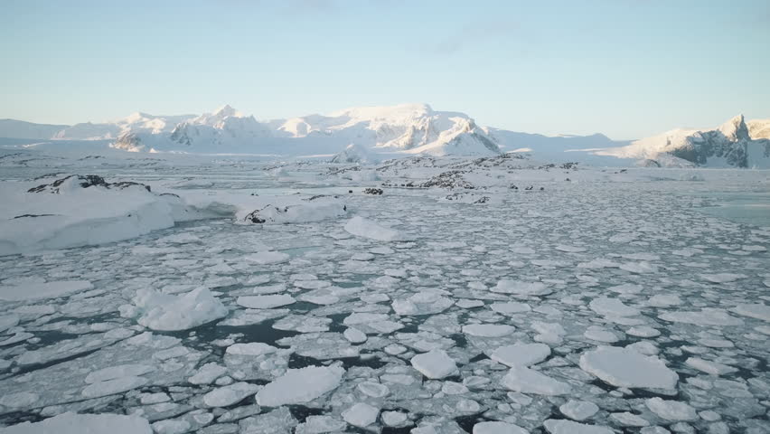 Sunrise over Antarctic coast. Aerial view. Ocean covered melting ice. Antarctica above snow mountain. Winter open water. Beautiful sky landscape. Top Drone Flight