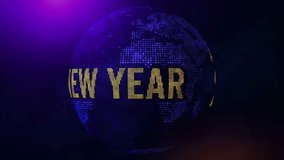 Blue Purple Yellow Shine Happy New Year 2024 Greeting Text With Digital Square Led Dot-Matrix Globe Earth World Map 3D Rotating With Hazy Light Flare Bokeh Background, Seamless Loop - Powered by Shutterstock - Get 15% off with code: PIKWIZARD15