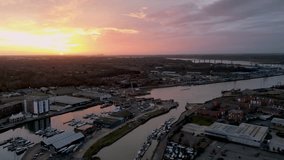 4k drone footage of the Wet Dock in Ipswich, Suffolk, UK at sunrise