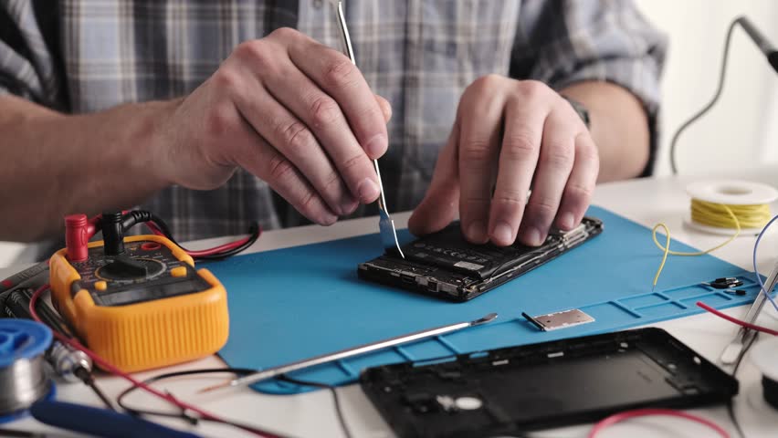Master Technician In An Electronics Repair Service Center Is Fixing A Smartphone, Disassembling The Phone Royalty-Free Stock Footage #3394736015