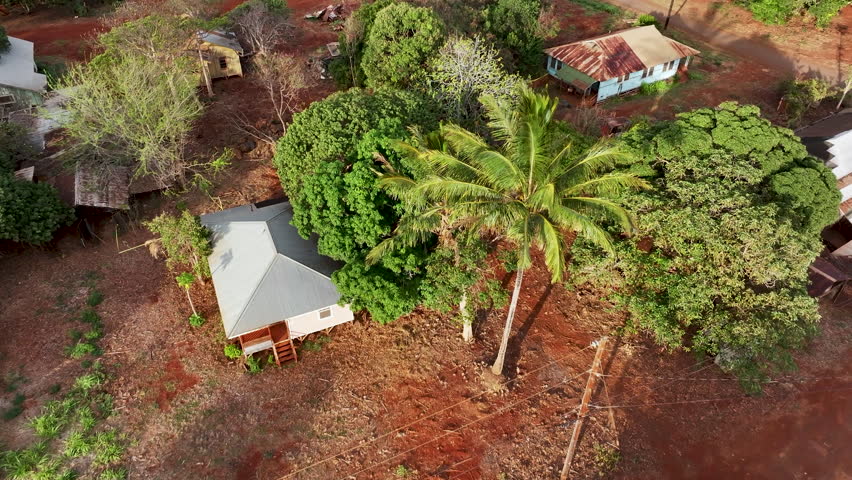 Aerial Kauai Hawaii abandoned homes Coffee plantation 2. Coffee, factories and processing plants. Farm agriculture, tourism economy.