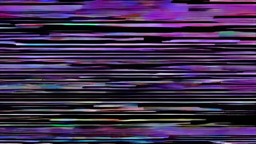 A glitchy screen with a purple and black color scheme