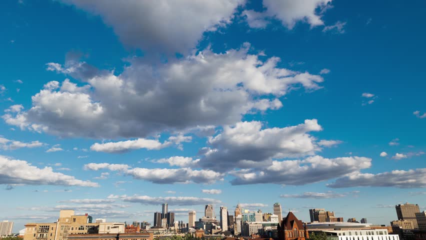 Detroit time lapse with skyline, river