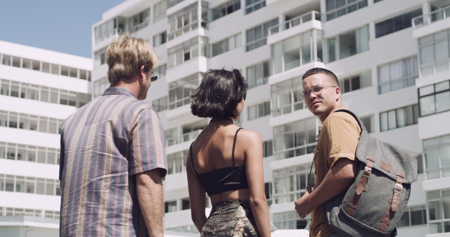 Portrait, confidence and gen z friends in city with trendy, cool style and identity with university group culture. Streetwear, men and woman in urban fashion, freedom and students relax in summer.
