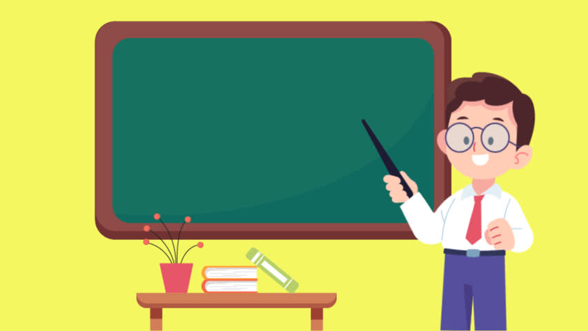 An animated or cartoon character of a male formal teacher with glasses teaching using a stick and board in a classroom. Empty space on a board for title, logo, and content. 2D flat style animation
