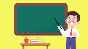 An animated or cartoon character of a male formal teacher with glasses teaching using a stick and board in a classroom. Empty space on a board for title, logo, and content. 2D flat style animation - Powered by Shutterstock - Get 15% off with code: PIKWIZARD15