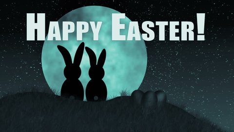 Happy Easter (Bunnies on hill). Silhouetted Bunnies in Love Look at Moon.  Stock Video
