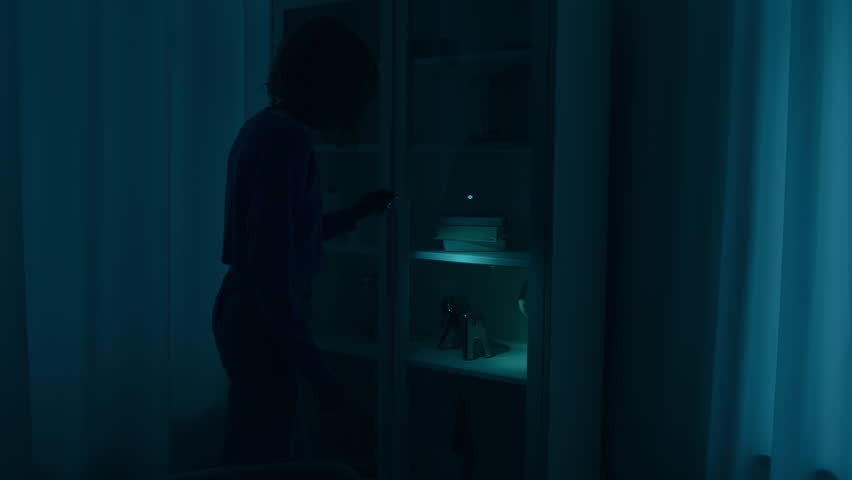 Confused unrecognizable woman girl walking in dark room night war blackout trouble search with light check closet electricity energy crisis outage searching lost with flashlight at home darkness crime Royalty-Free Stock Footage #3395101133
