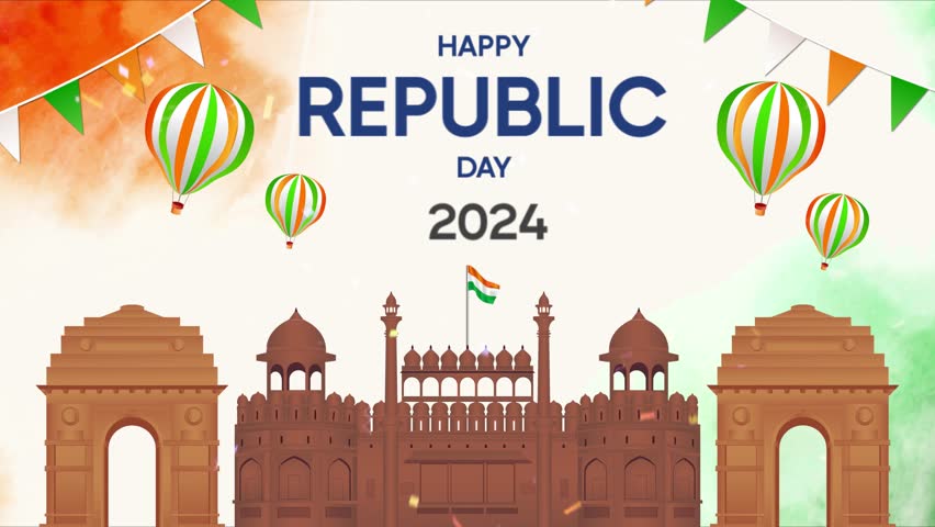 Happy Republic Day 2024 India 26th January. Indian monument and landmark.Indian flag and Red Fort. Royalty-Free Stock Footage #3395149853