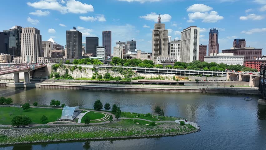 Aerial shot of Mississippi Riverfront in Saint Paul. Summer day over skyline in St. Paul, Minnesota.