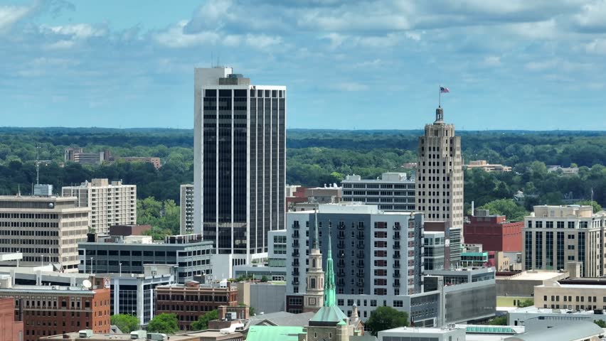 Fort Wayne skyline on beautiful summer day. Aerial view of Indiana city.