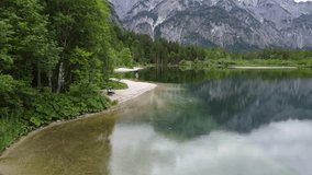 Drone video of a cloudy day at Almsee lake in Austria.