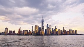 New York Manhattan Cityscape NYC. New York Manhattan time laps at dusk. Timelapse Sunset in New York Lower Manhattan Financial District Hudson River. From New york with love