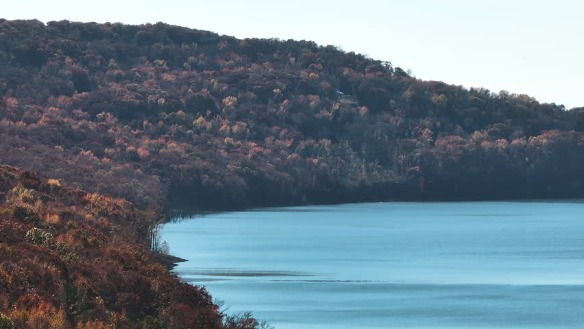 Calm Waters Of Lake Fort Smith In Arkansas, United States In Autumn - Drone Shot
