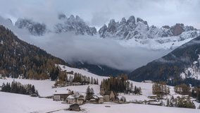 Timelapse Val di Funes village Dolomites fog rolling in sunrise sunset first snow autumn winter fresh snow cinematic post card northern Italy St Magdalena Maddalena Johann Chapel Italia Bozen Bolzano - Powered by Shutterstock - Get 15% off with code: PIKWIZARD15