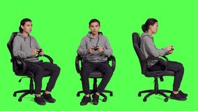 Young gamer playing videogames over full body greenscreen template, using joystick and enjoying competition with people online. Person having fun with rpg action contest on console.