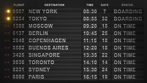 International Airport Departure Flip-Style Board. 20 Cities Timetable. Seamlessly Loopable Background