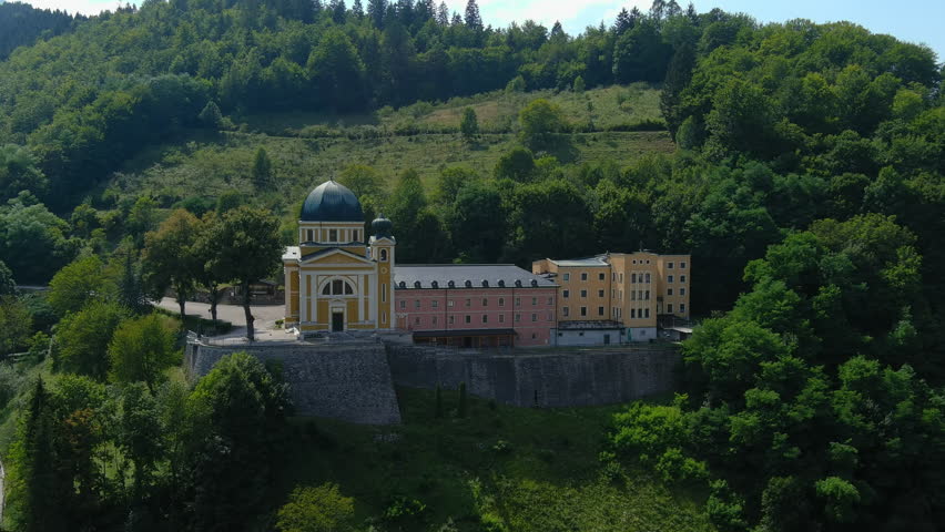 Aerial Establishing Shot of the Catholic Franciscan Monastery in Fojnica, Bosnia