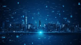 3D 4K Futuristic digital Smart city skyline. Big data, Artificial intelligence, Internet of things. cyberpunk and retro wave downtown cityscape at night. Worldwide metaverse. 3D Illustration - Powered by Shutterstock - Get 15% off with code: PIKWIZARD15