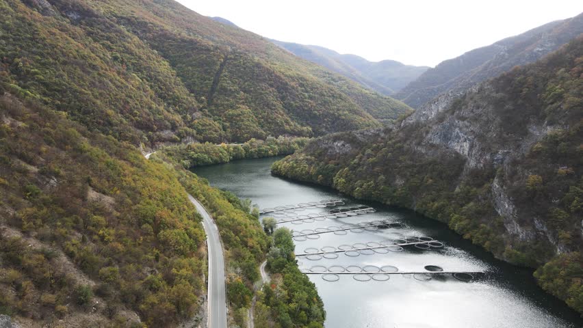 Aerial Autumn view of Krichim Reservoir, Rhodopes Mountain, Plovdiv Region, Bulgaria