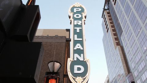 PORTLAND, OREGON - CIRCA 2017: Camera panning shot on iconic Portland sign in downtown.