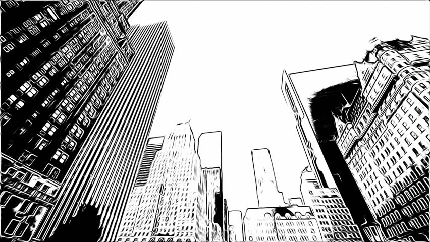 New York City. Birds flying under Manhattan skyscrapers on a sunny day, cartoon filter in black and white