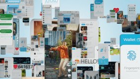 Social Media Mega App Concept: Animated Stream of Content. Browsing through Multimedia all in one Entertaiment, Messaging, TV, Videos, emoji, Sharing, Video Game Playing, Fintech Online Shopping - Powered by Shutterstock - Get 15% off with code: PIKWIZARD15