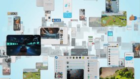 Social Media Mega App Concept: Animated Stream of Content. Browsing through Multimedia all in one Entertaiment, Messaging, TV, Videos, emoji, Sharing, Video Game Playing, Fintech Online Shopping - Powered by Shutterstock - Get 15% off with code: PIKWIZARD15